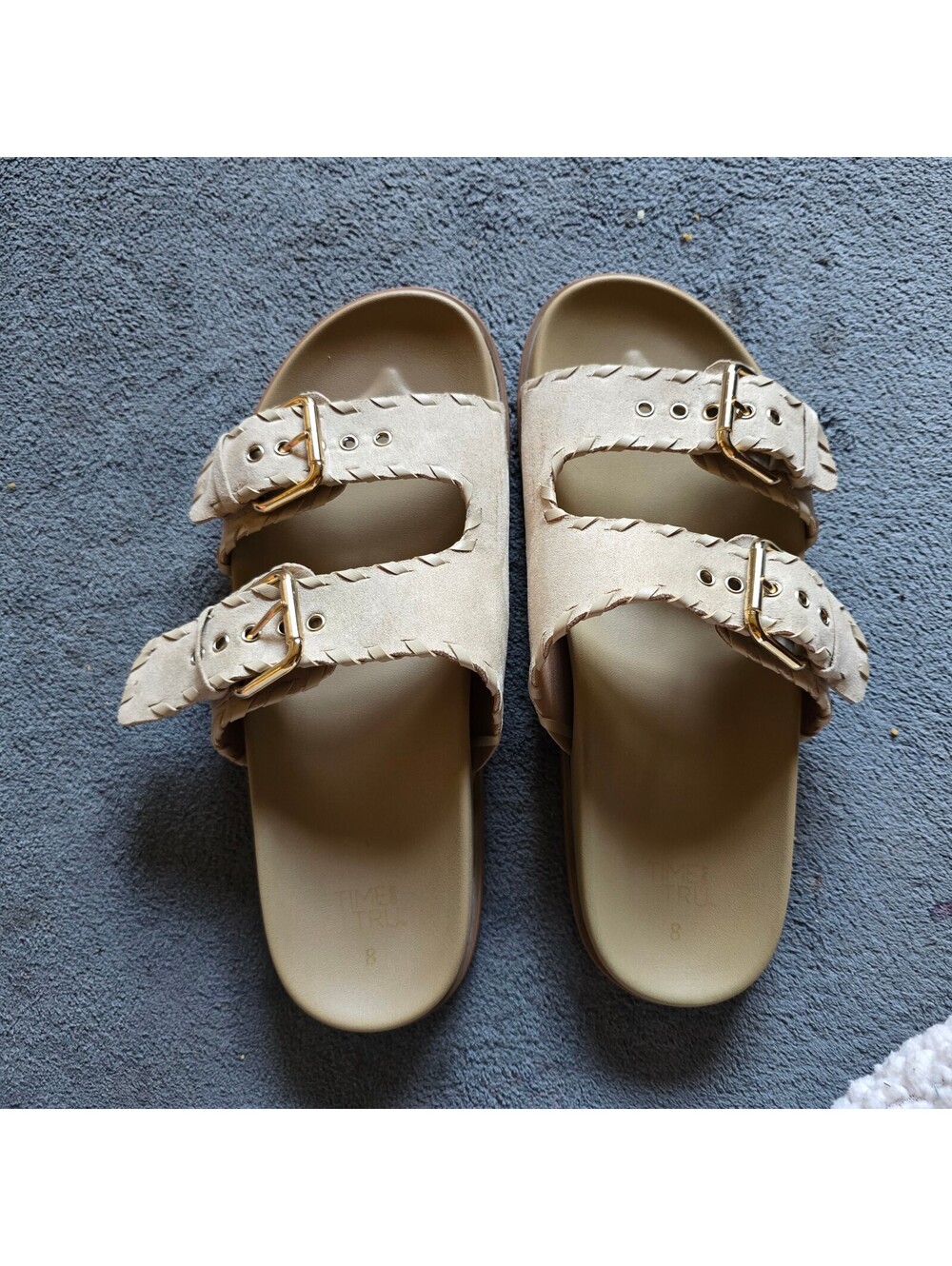 Time & Tru Women's Size 8 Beige Whipstitch Double Buckle Slide Sandals